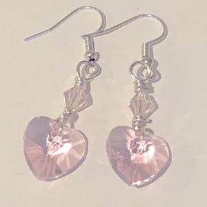 New Sparkling Glass Crystal Heart Handmade Bent Wire Earrings Pastel Blush Pink